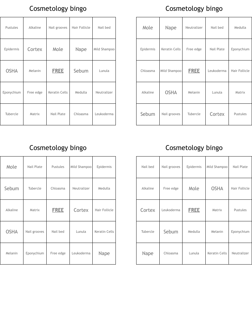 Cosmetology bingo 
