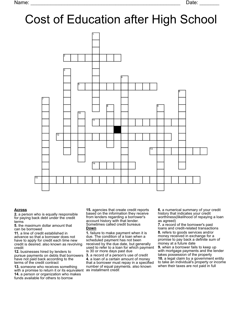 Cost of Education after High School Crossword