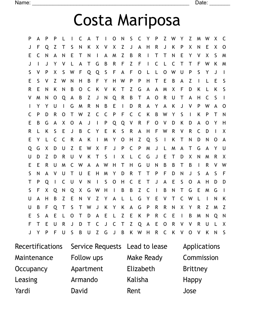 Costa Mariposa Word Search
