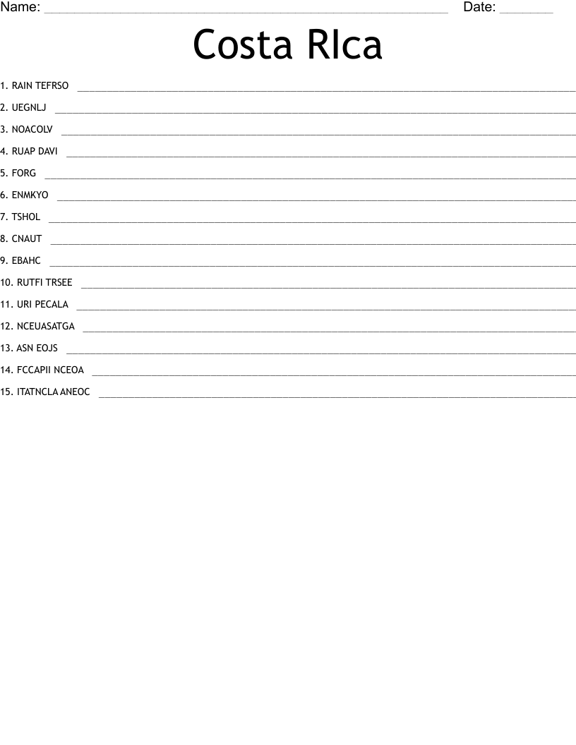 Costa RIca Word Scramble