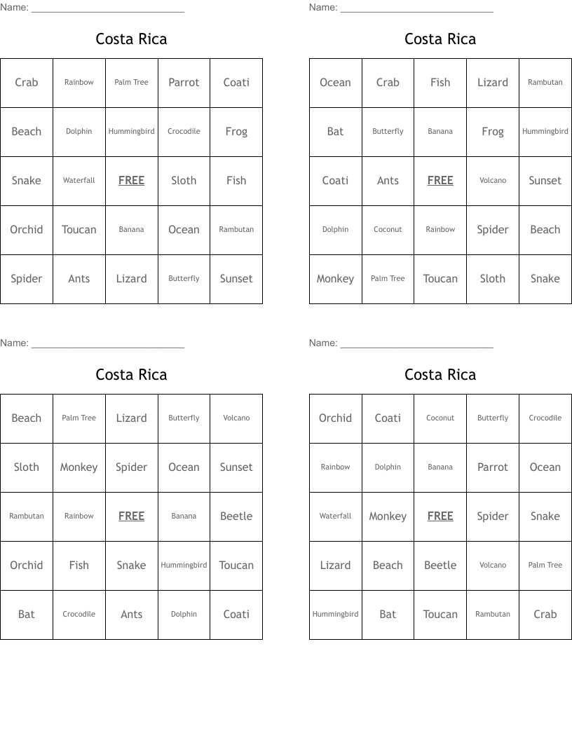 Costa Rica Bingo Cards