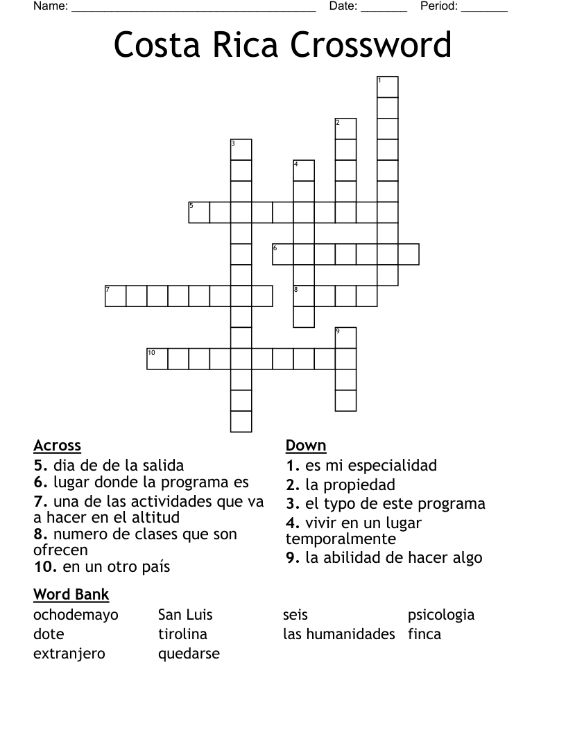 Costa Rica Crossword