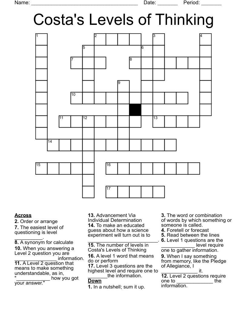 Costa's Levels of Thinking Crossword
