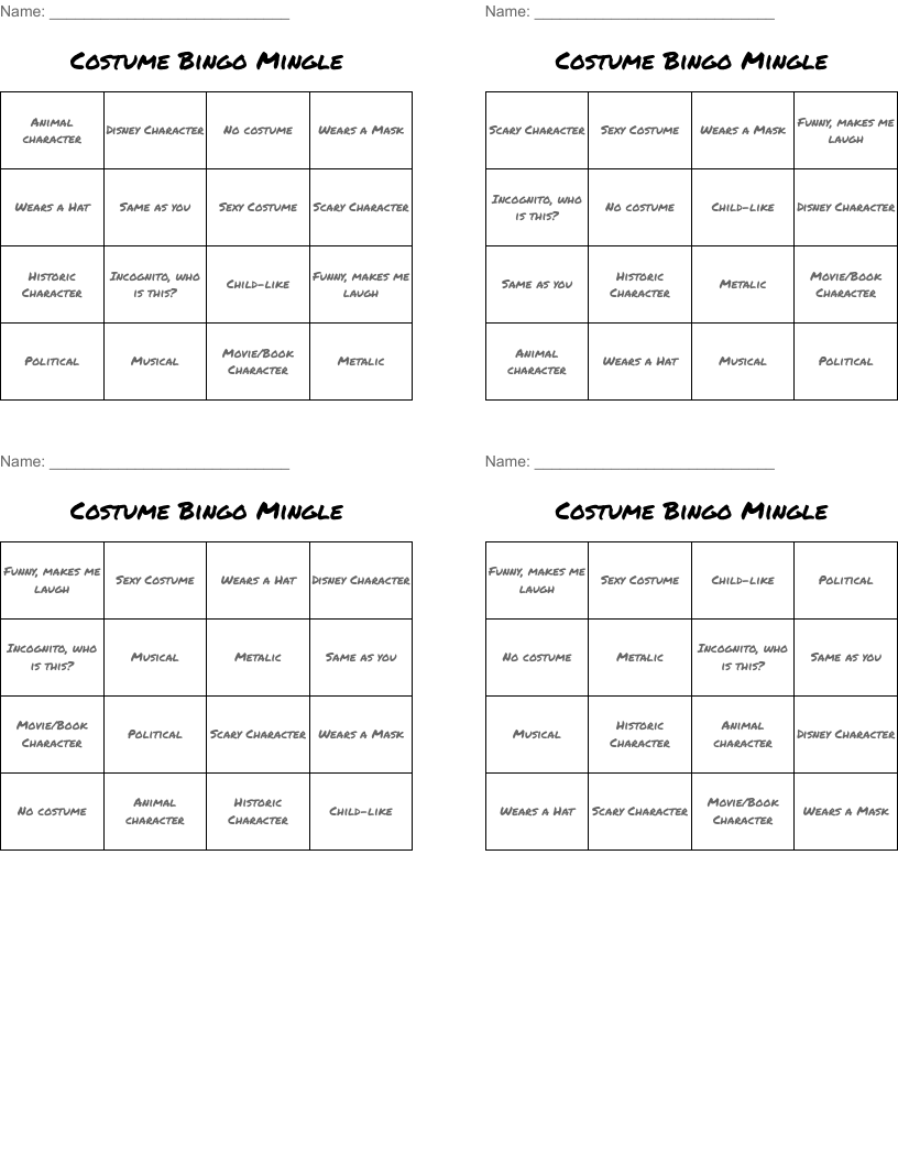 Costume Bingo Mingle