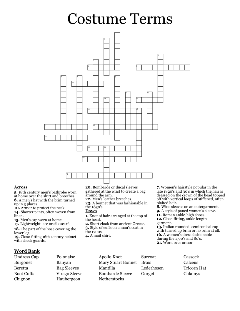 Costume Terms Crossword