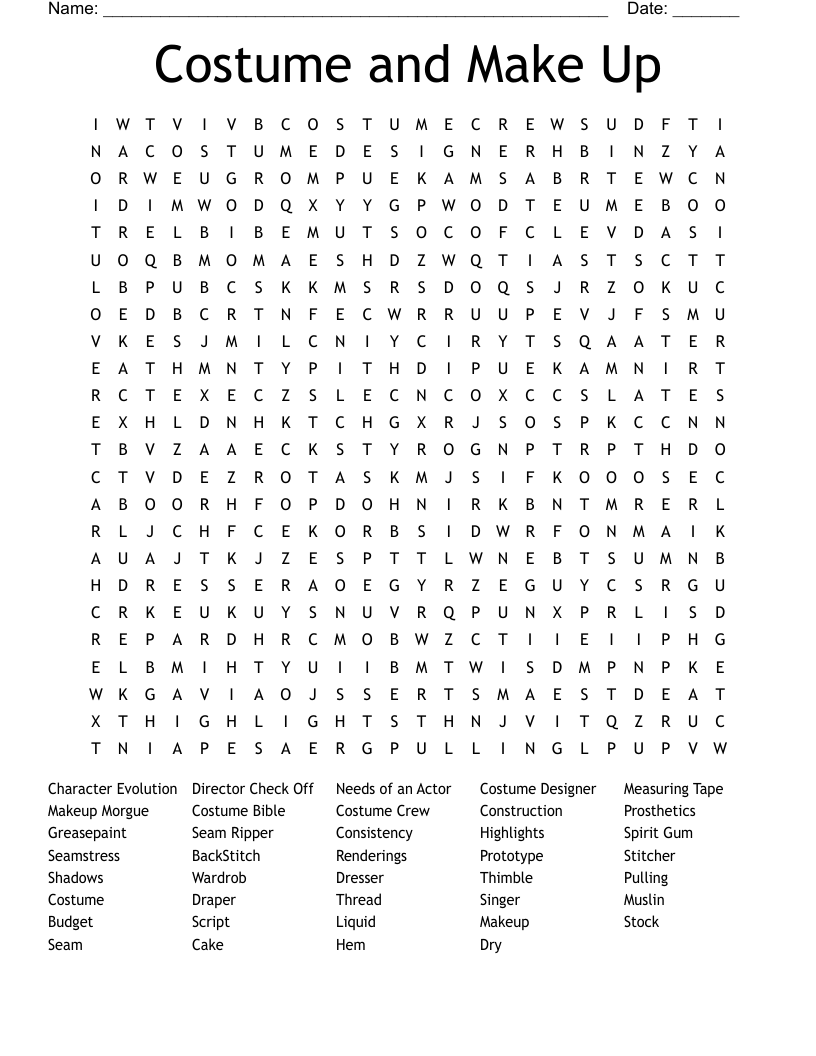 Costume and Make Up Word Search
