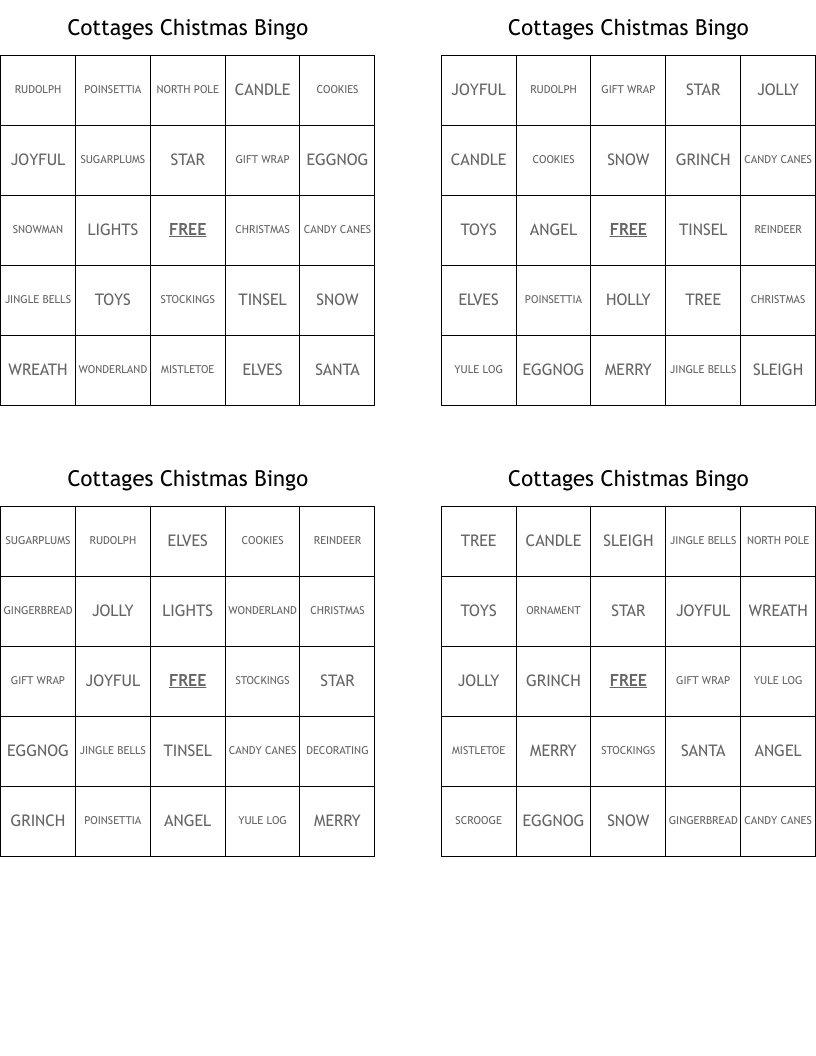 Cottages Chistmas Bingo