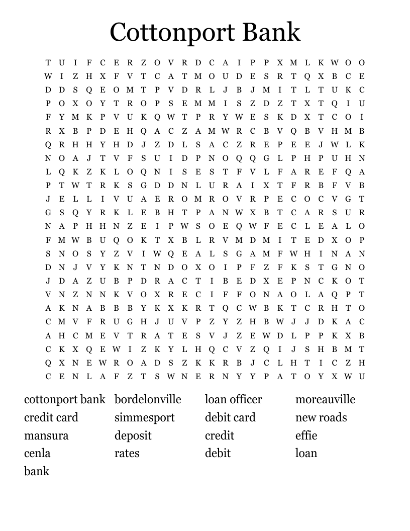 Cottonport Bank Word Search