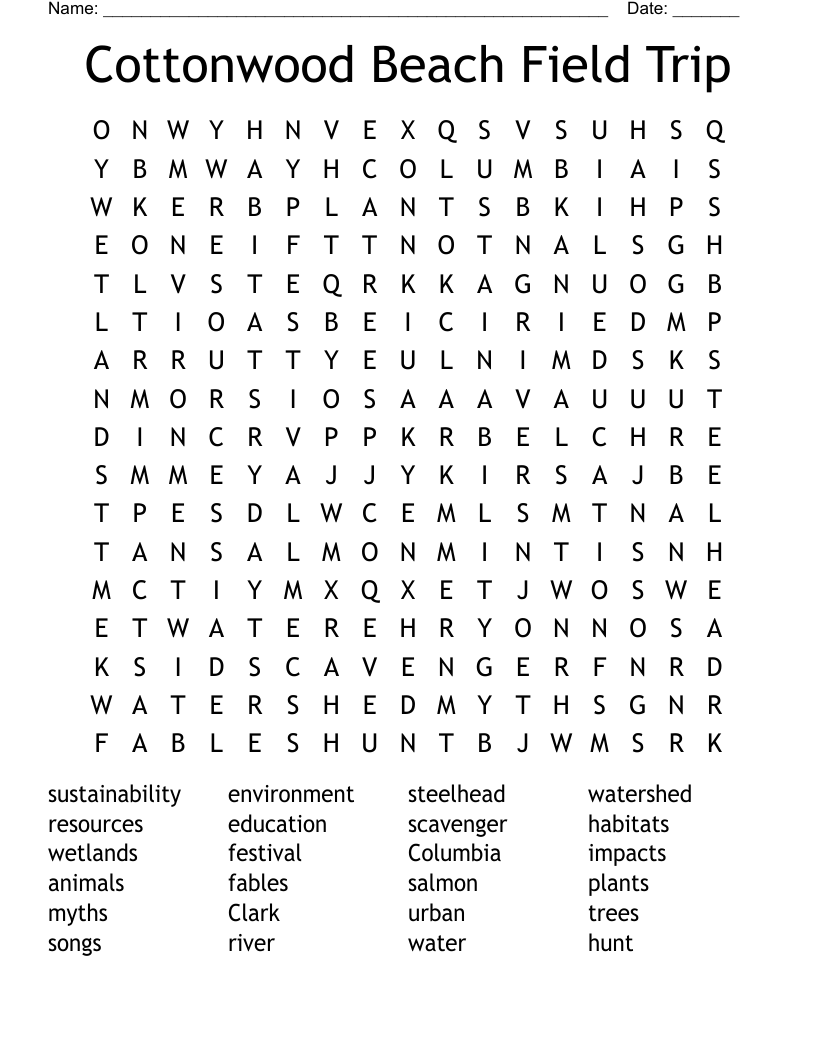Cottonwood Beach Field Trip Word Search