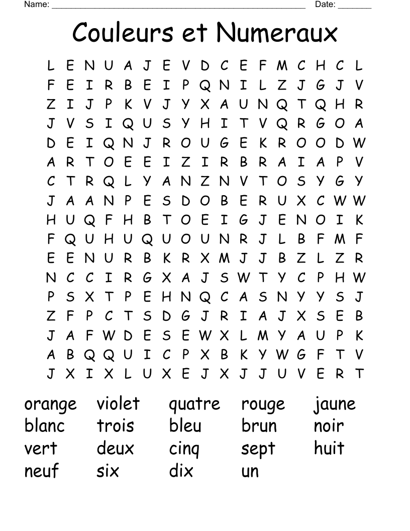 Couleurs  et Numeraux Word Search