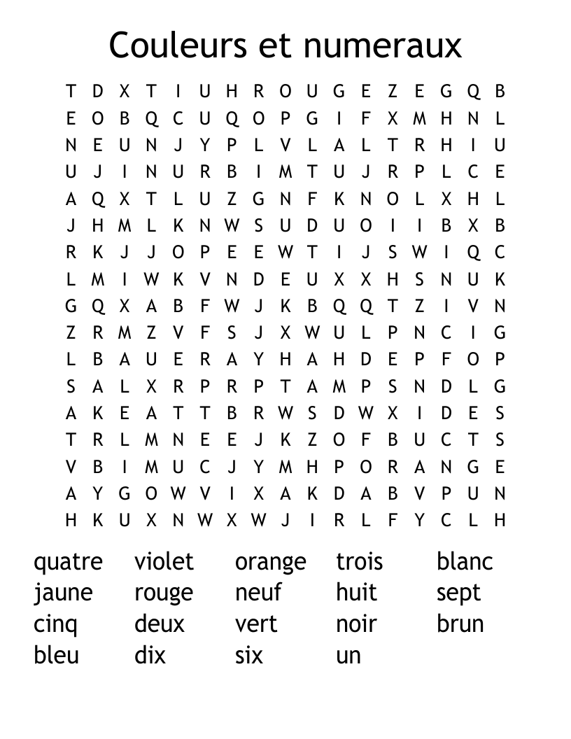 Couleurs et numeraux Word Search