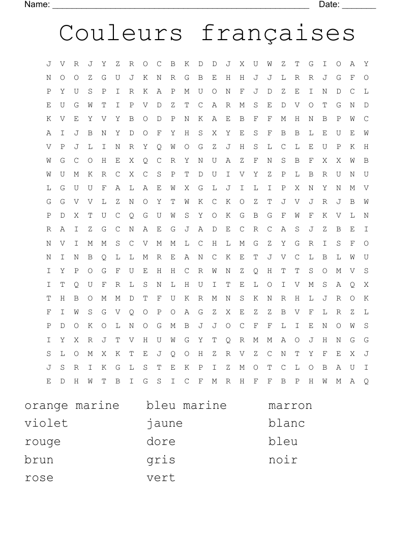 Couleurs françaises Word Search