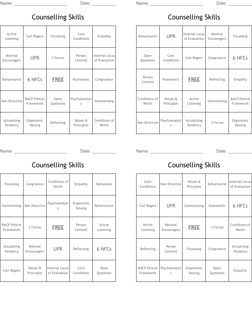 Counselling Skills Bingo Cards