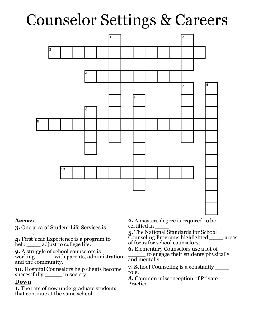 Counselor Settings & Careers Crossword