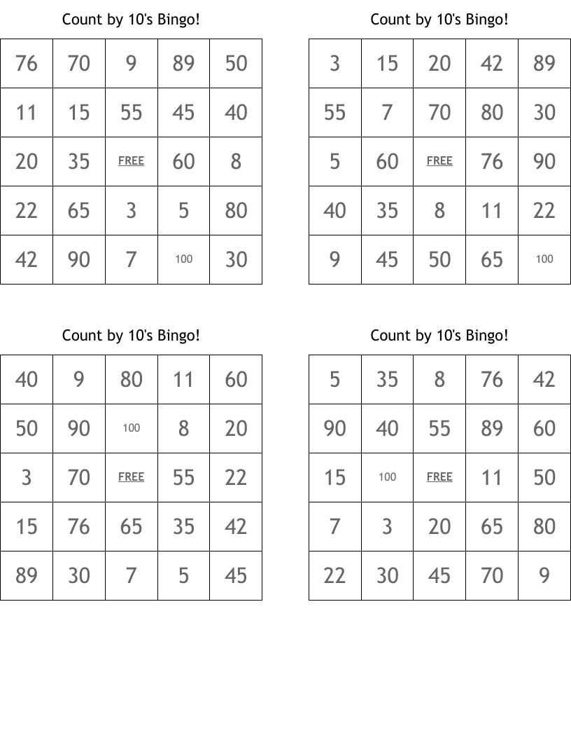 Count by 10's Bingo!