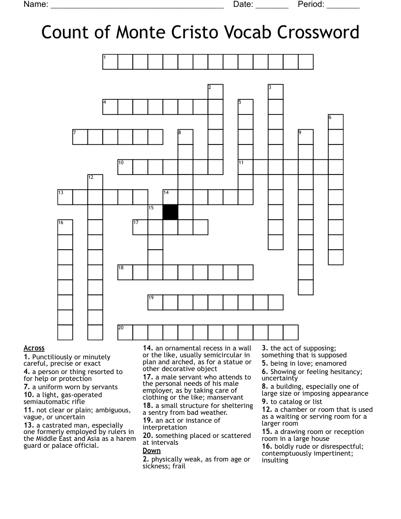 Count of Monte Cristo Vocab Crossword