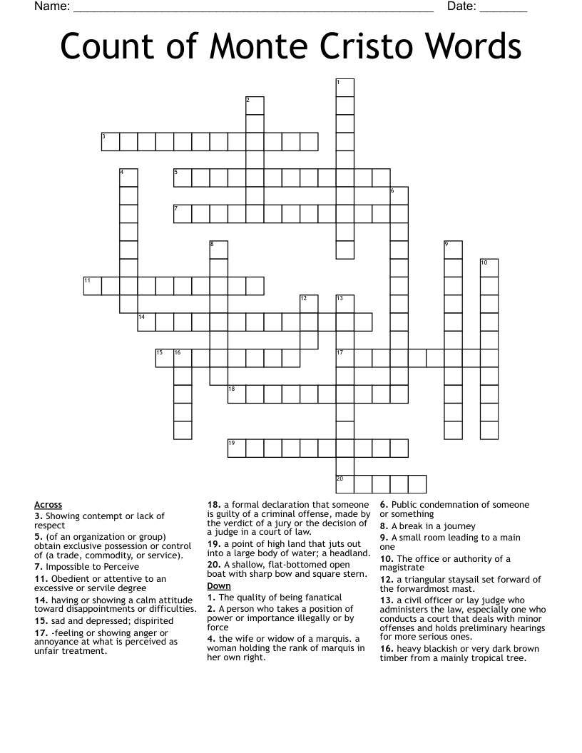 Count of Monte Cristo Words Crossword