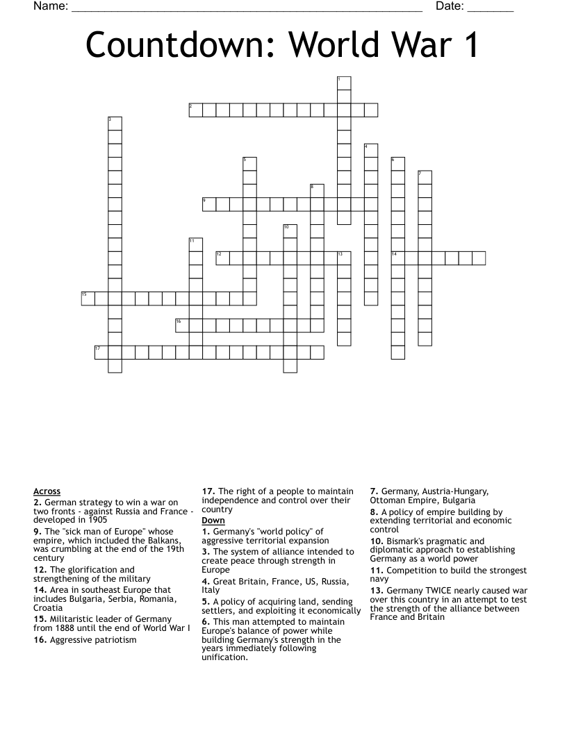 Countdown: World War 1 Crossword