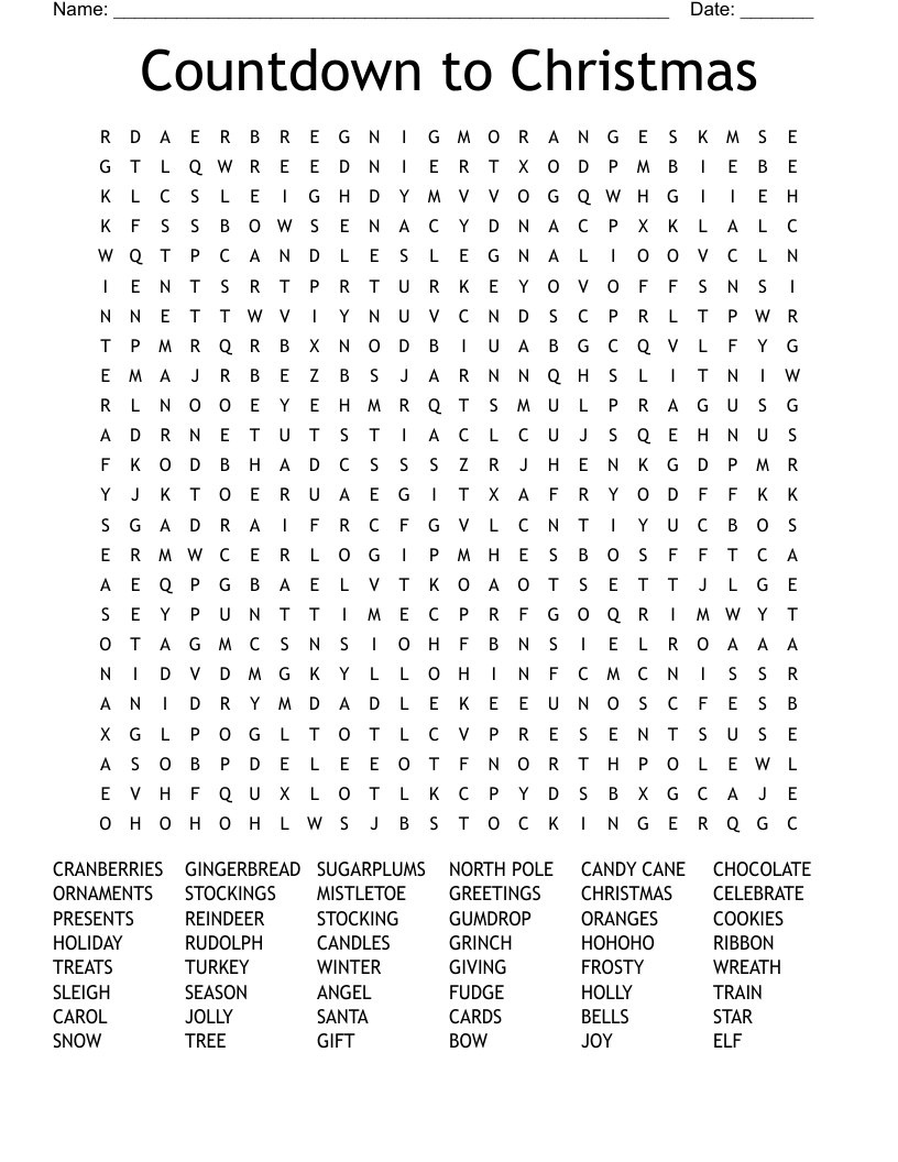 Countdown to Christmas Word Search