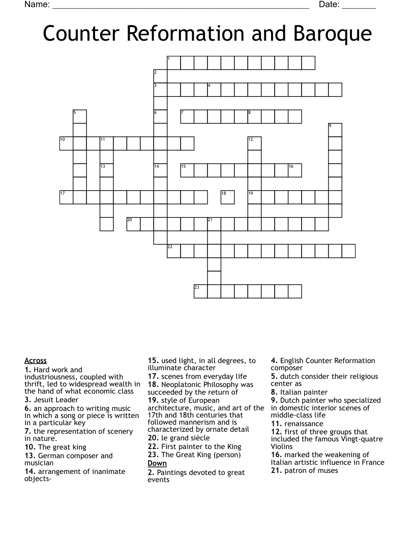 Counter Reformation and Baroque Crossword