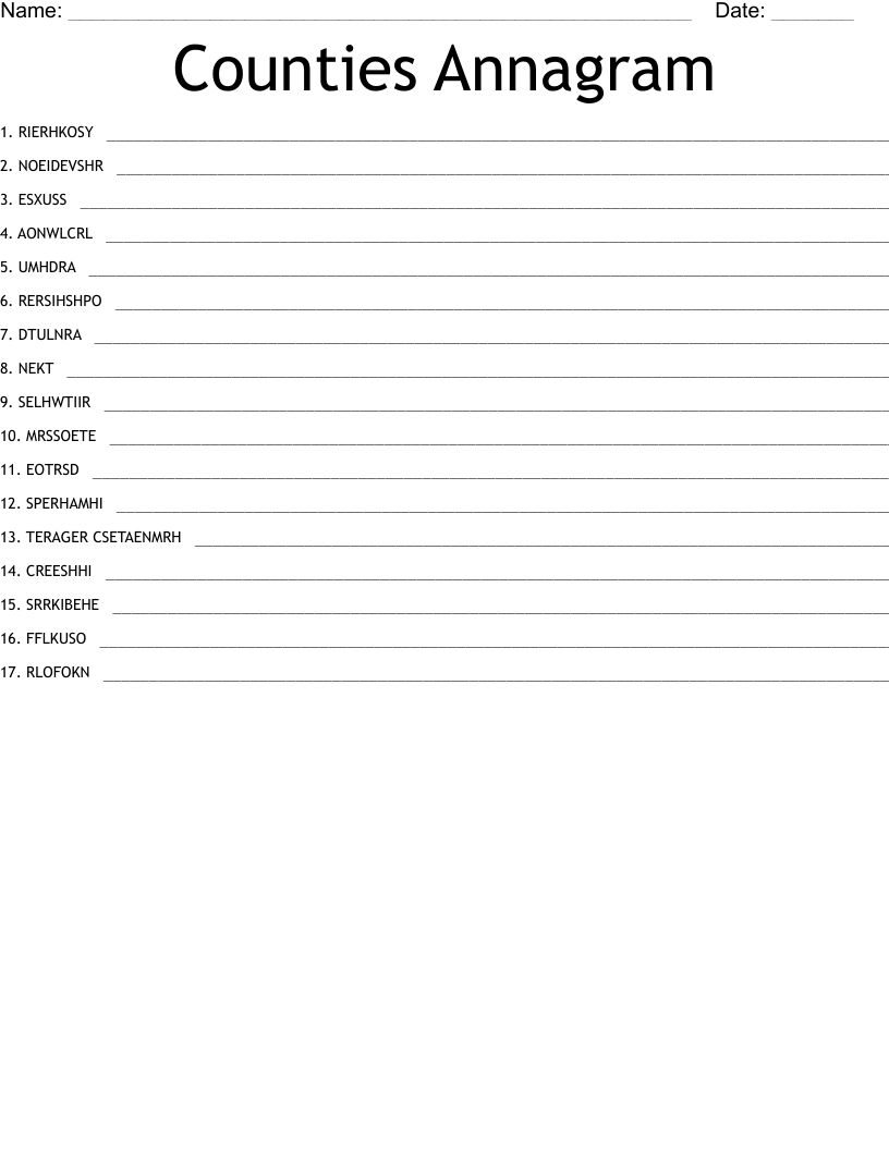 Counties Annagram Word Scramble