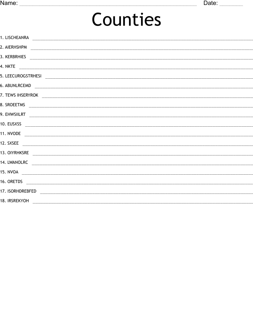 Counties  Word Scramble
