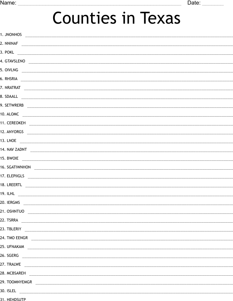 Counties in Texas Word Scramble