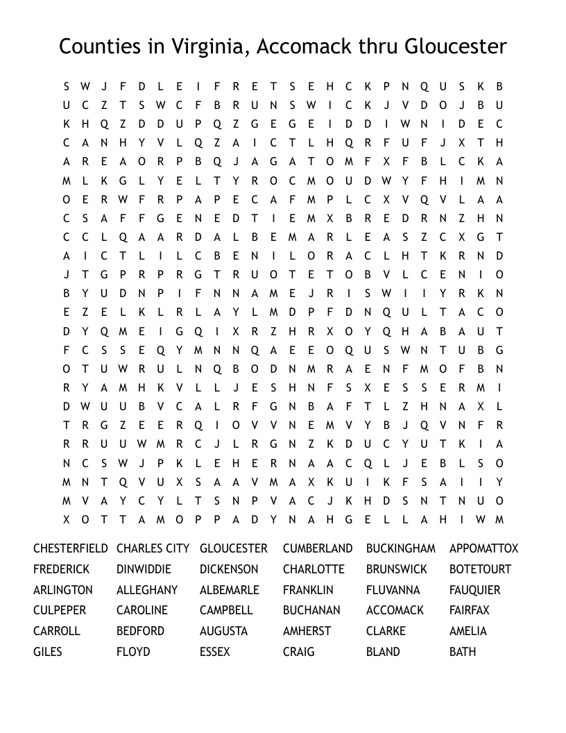 Counties in Virginia, Accomack thru Gloucester Word Search