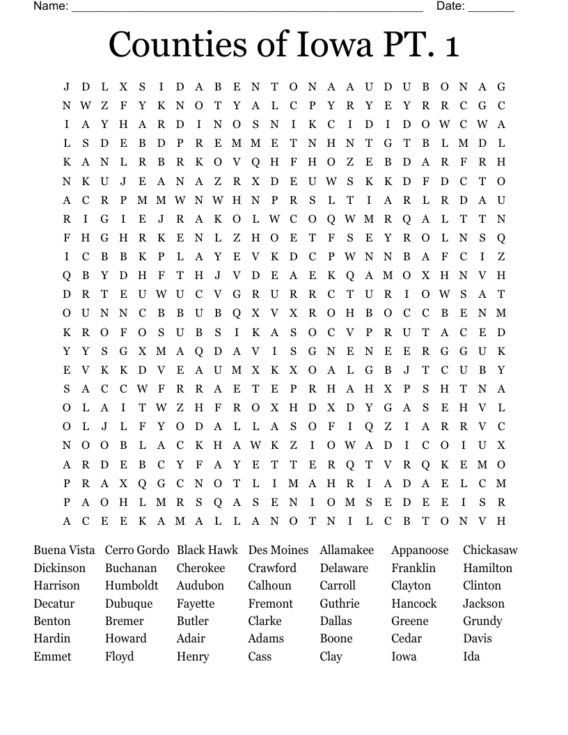 Counties of Iowa PT. 1 Word Search