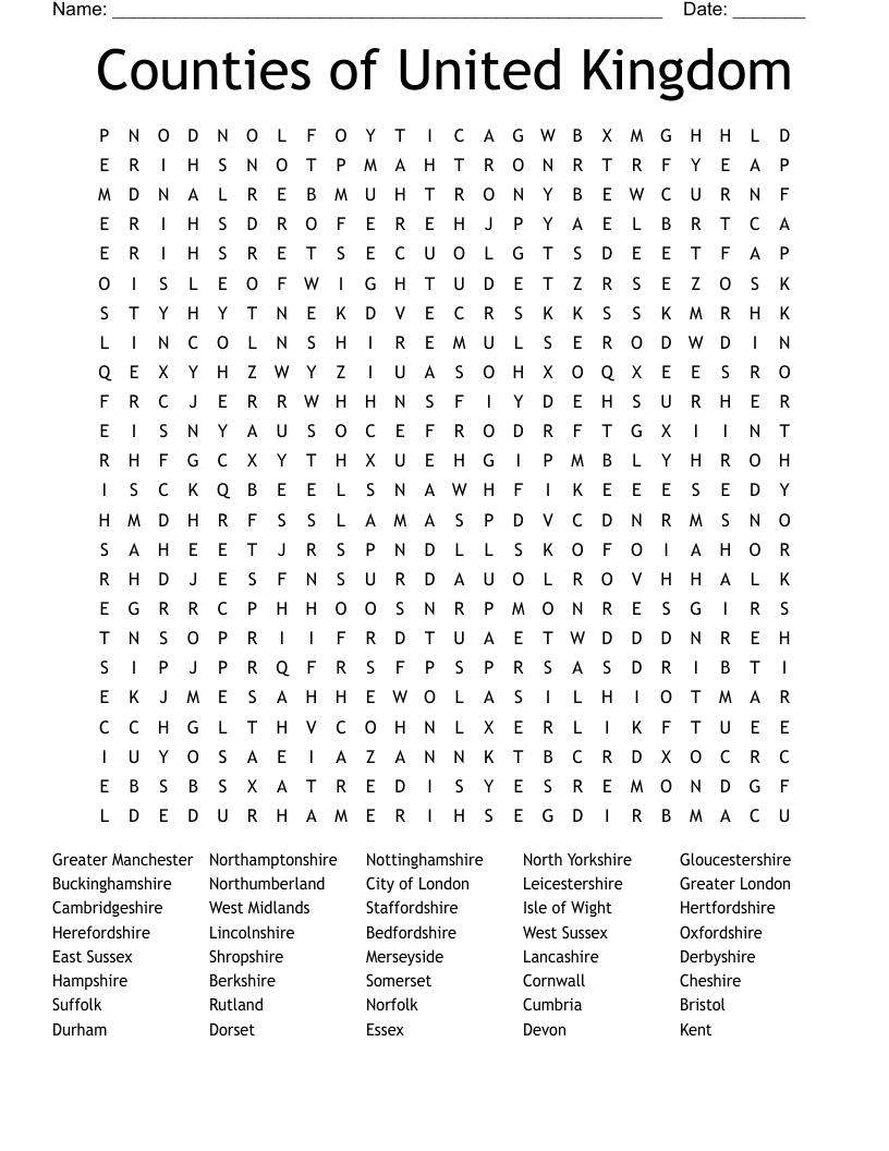 Counties of United Kingdom Word Search