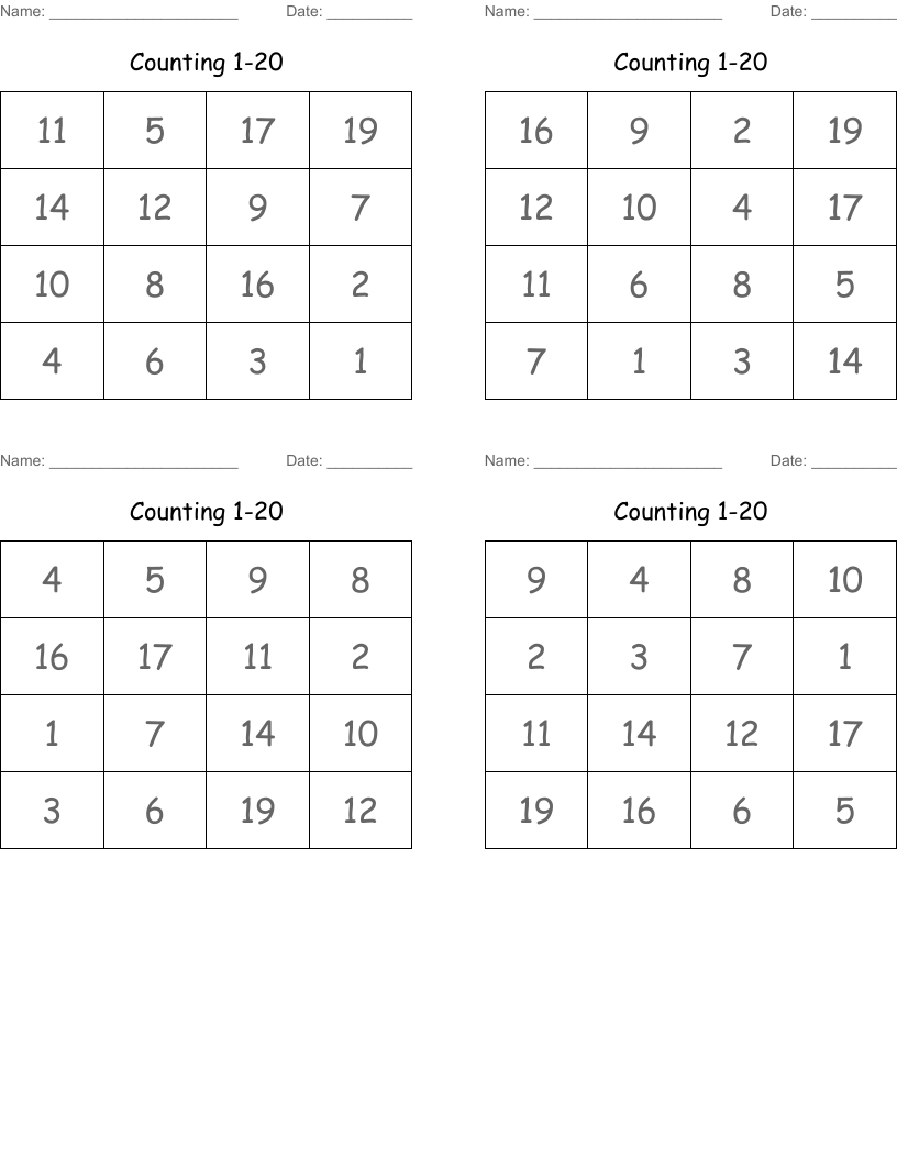 Counting 1-20 Bingo Cards