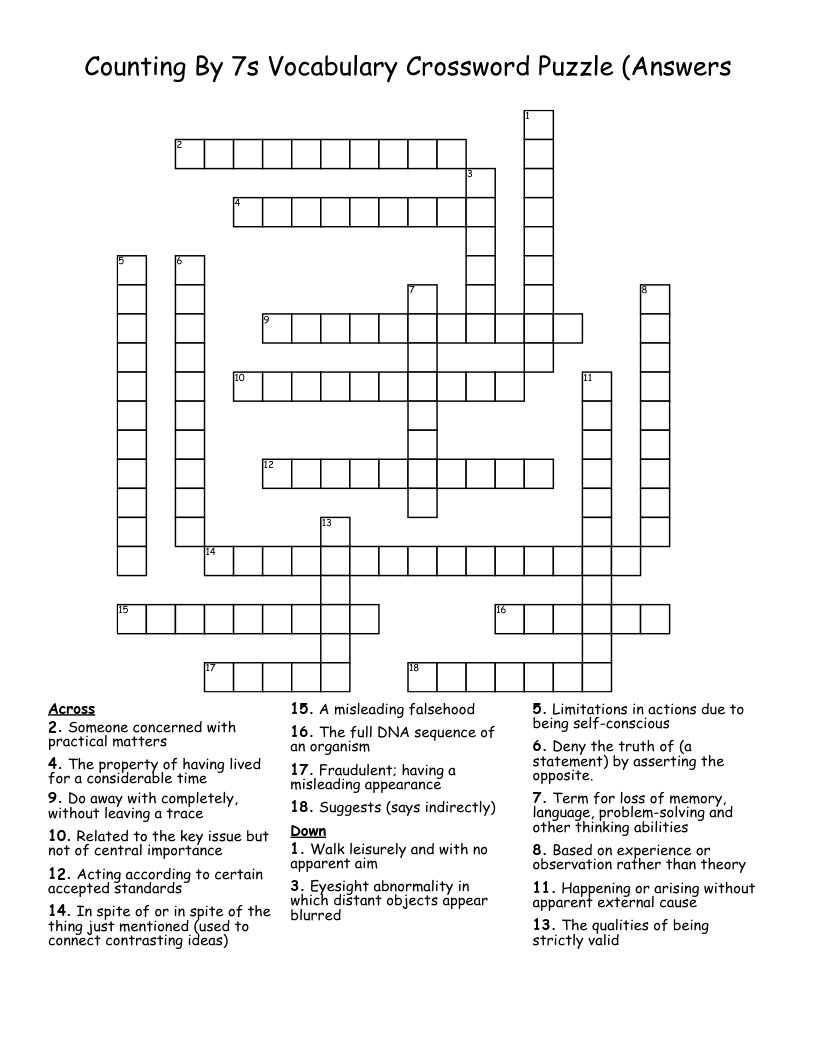 Counting By 7s Vocabulary Crossword Puzzle (Answers
