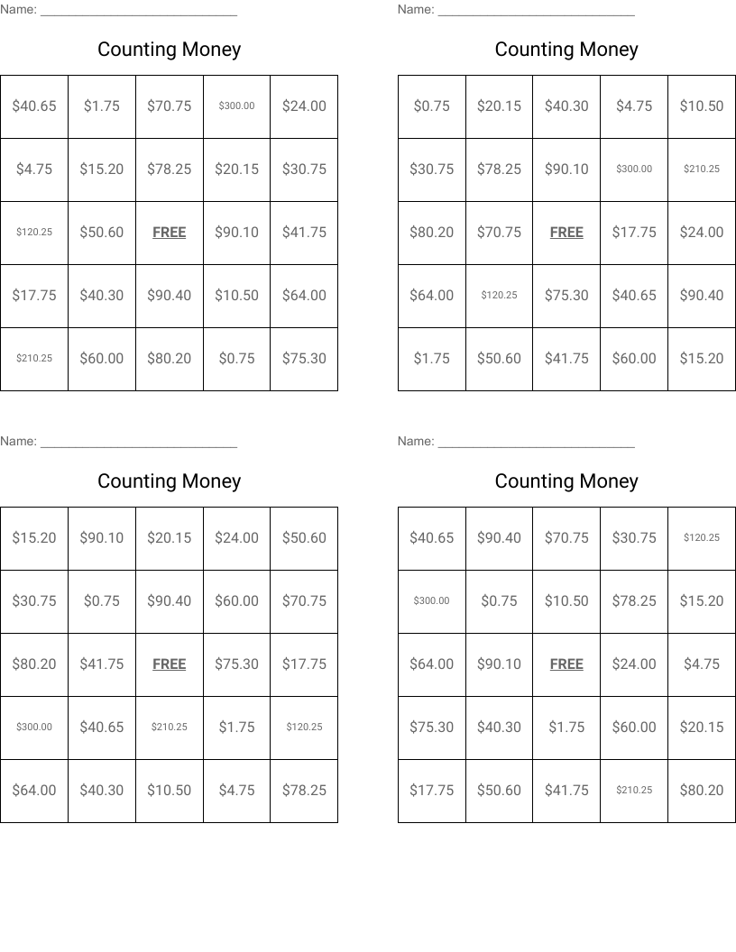 Counting Money  Bingo Cards
