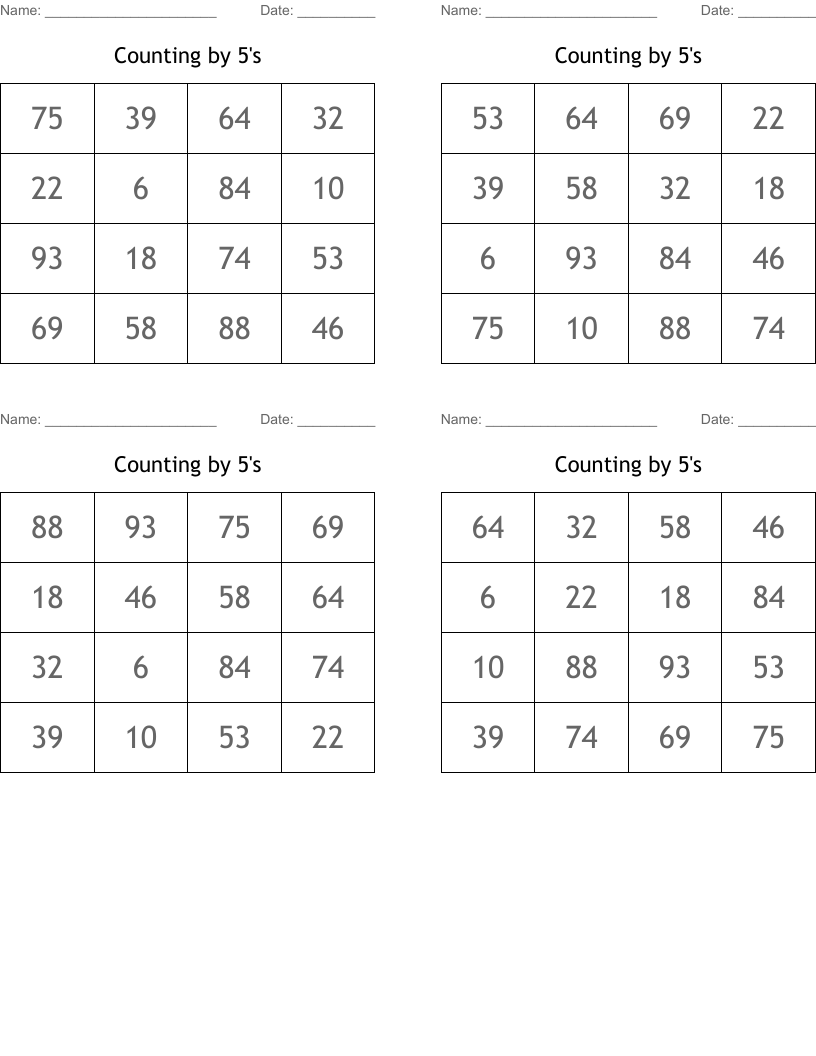 Counting by 5's Bingo Cards