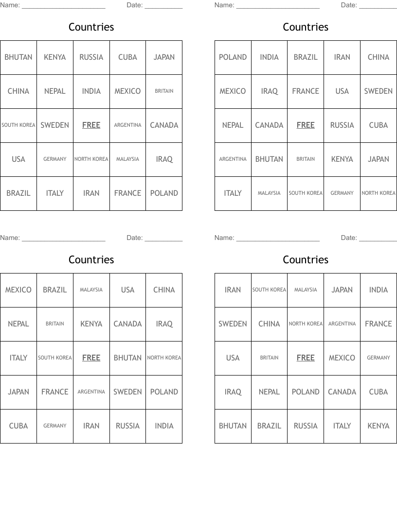 Countries Bingo Cards