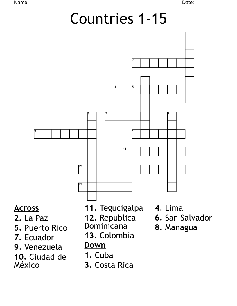 Countries 1-15 Crossword