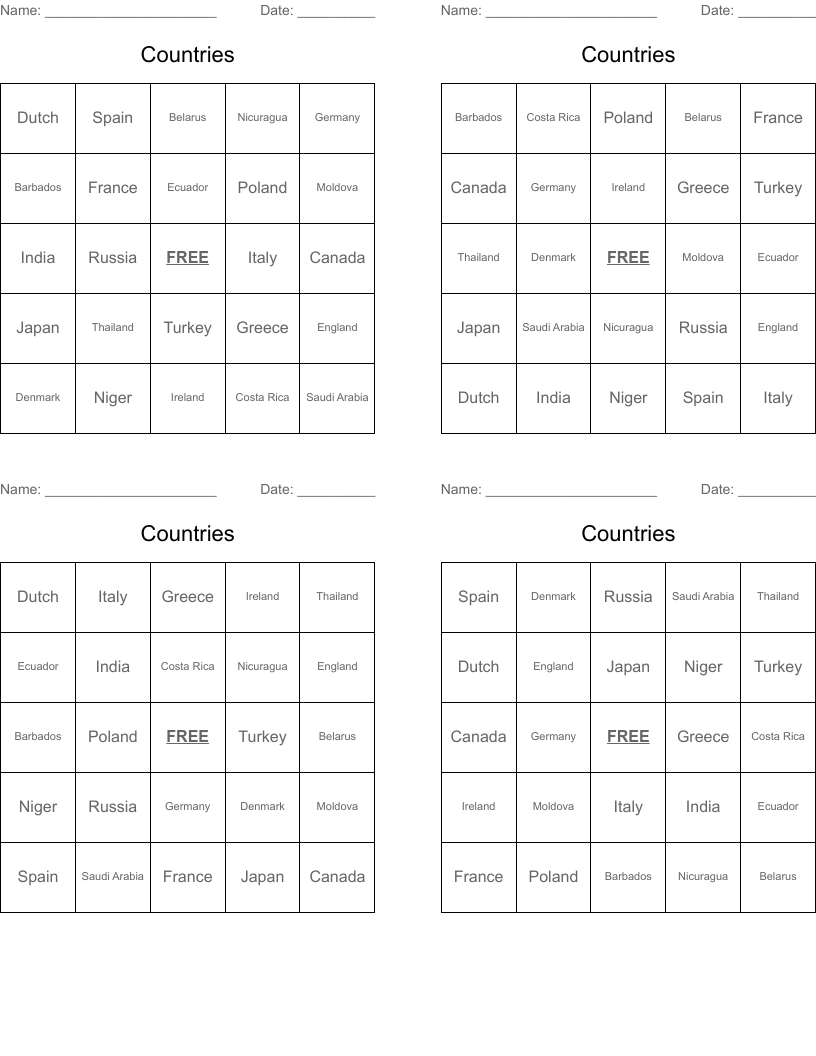 Countries Bingo Cards