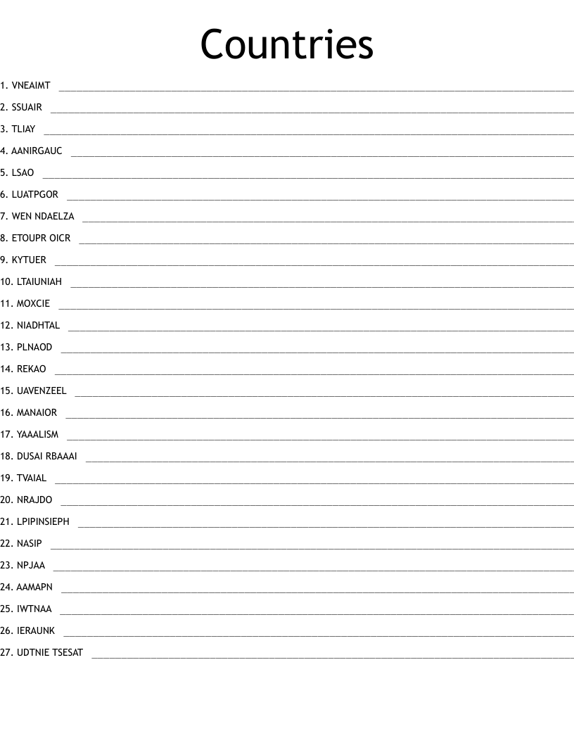 Countries Word Scramble