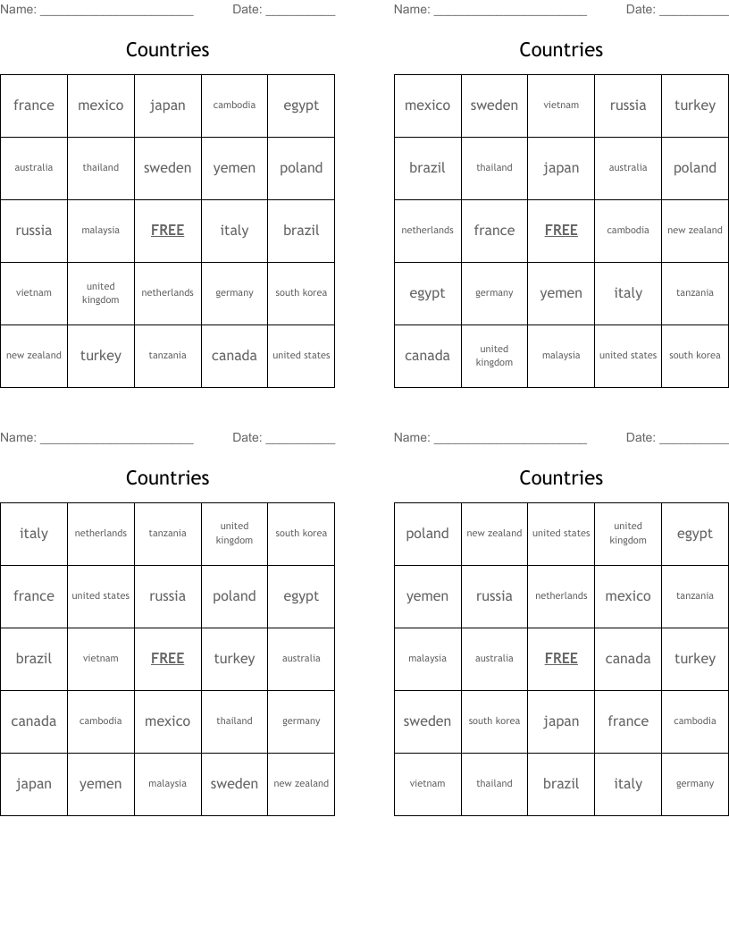 Countries Bingo Cards