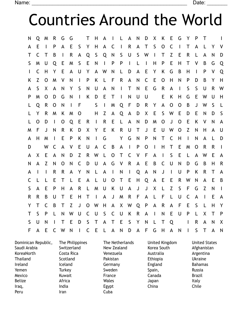 Countries Around the World  Word Search
