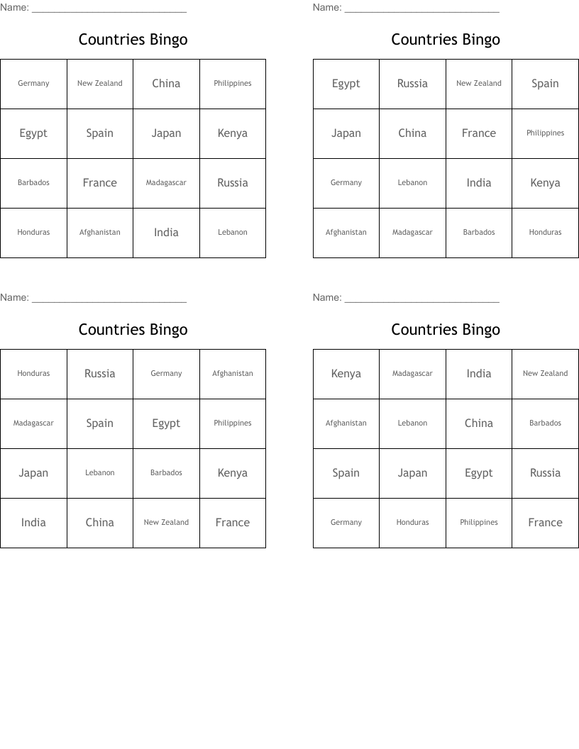 Countries Bingo