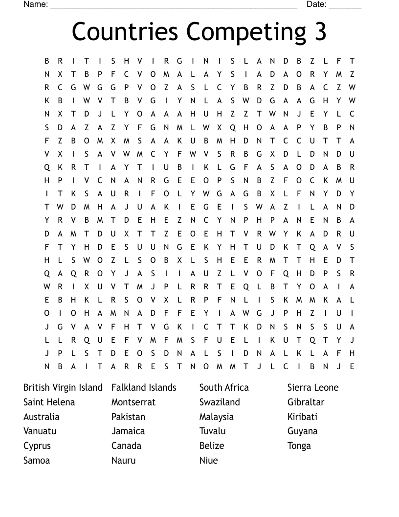 Countries Competing 3 Word Search