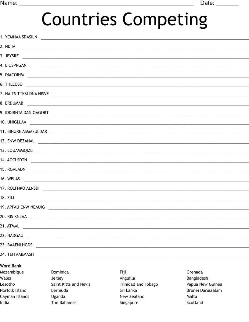 Countries Competing Word Scramble