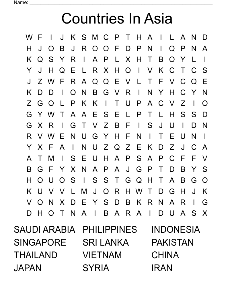 Countries In Asia Word Search