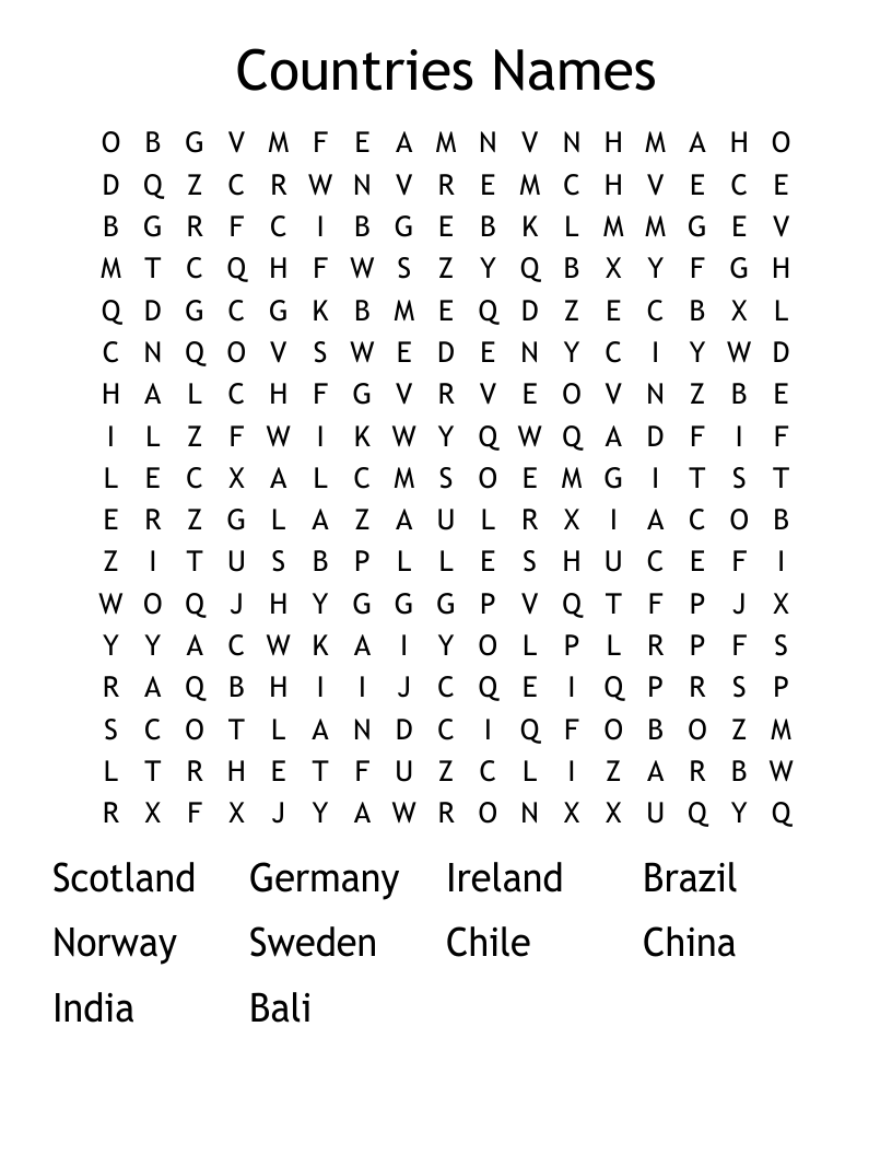 Countries Names Word Search