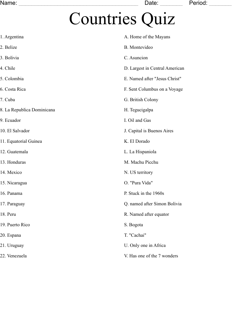 Countries Quiz  Worksheet