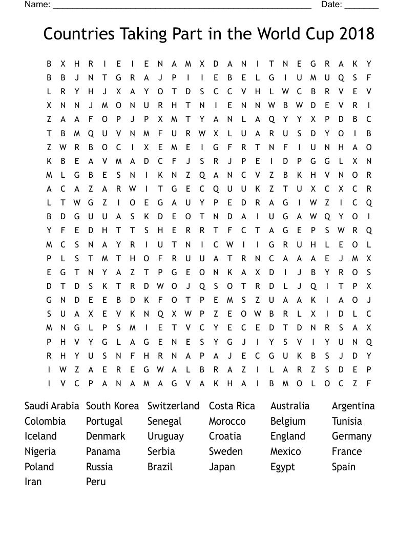 Countries Taking Part in the World Cup 2018 Word Search