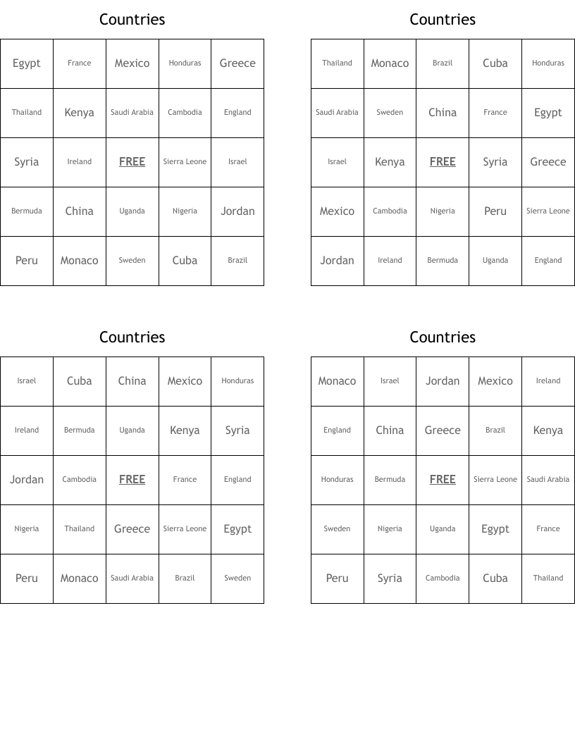 Countries  Bingo Cards