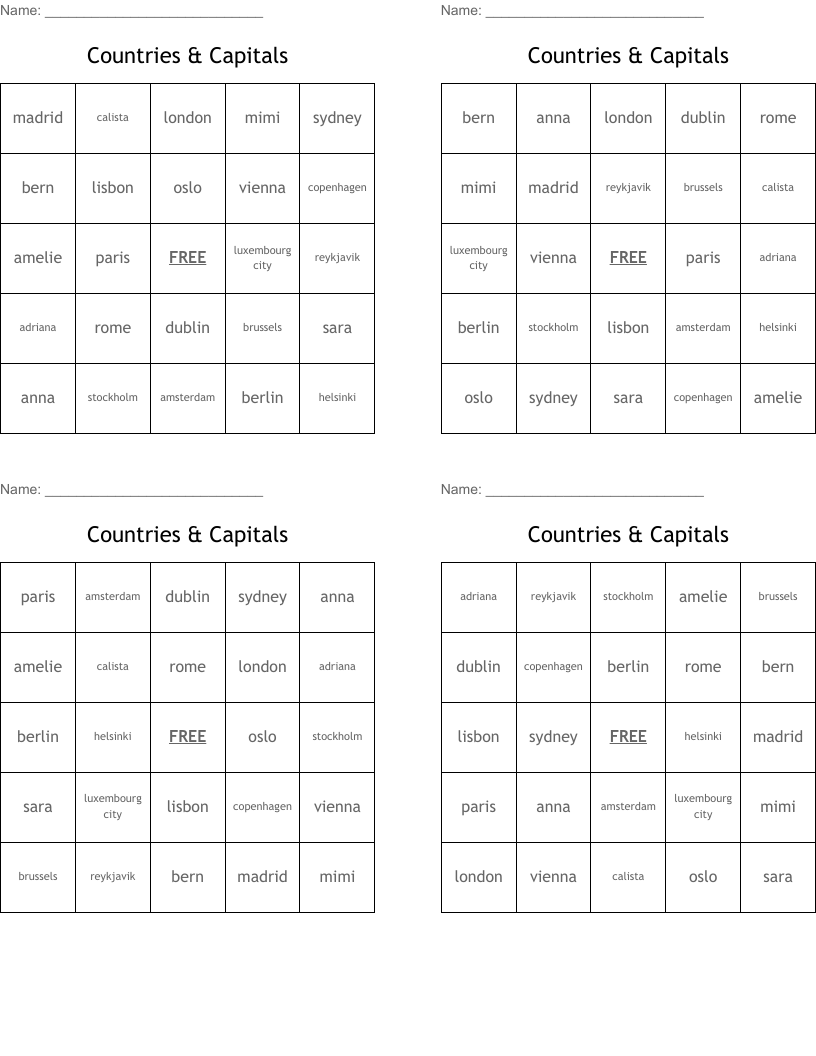 Countries & Capitals Bingo Cards
