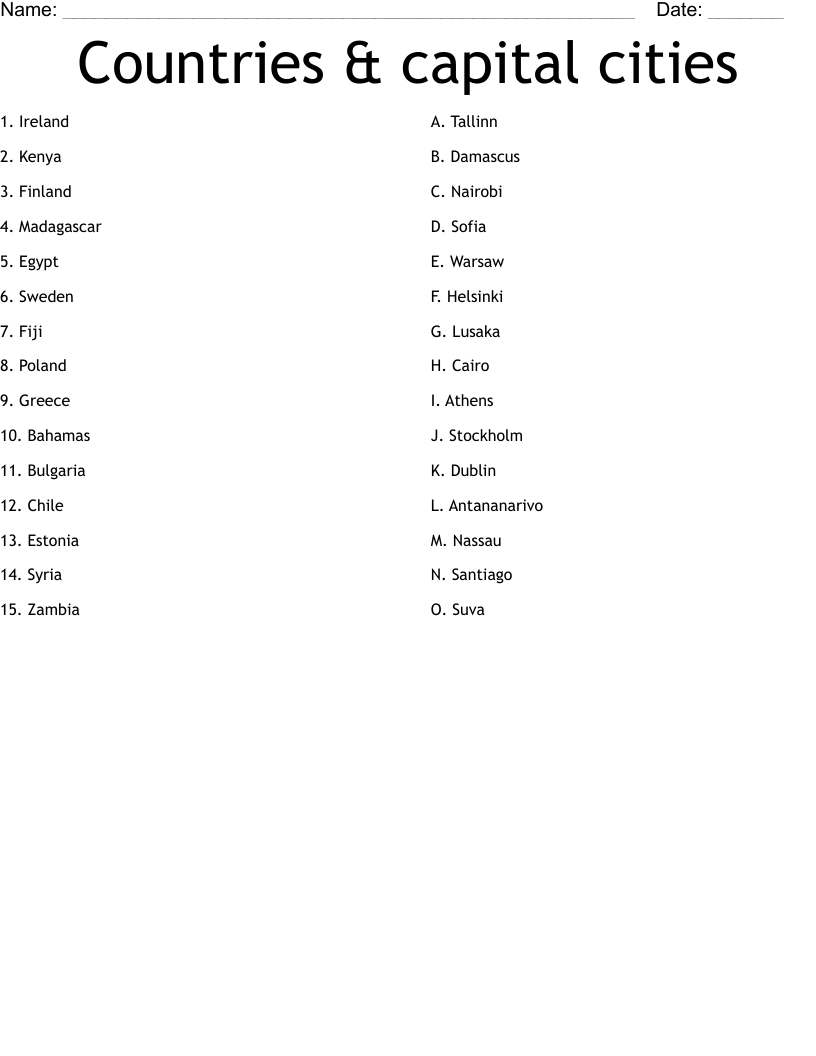 Countries & capital cities Worksheet